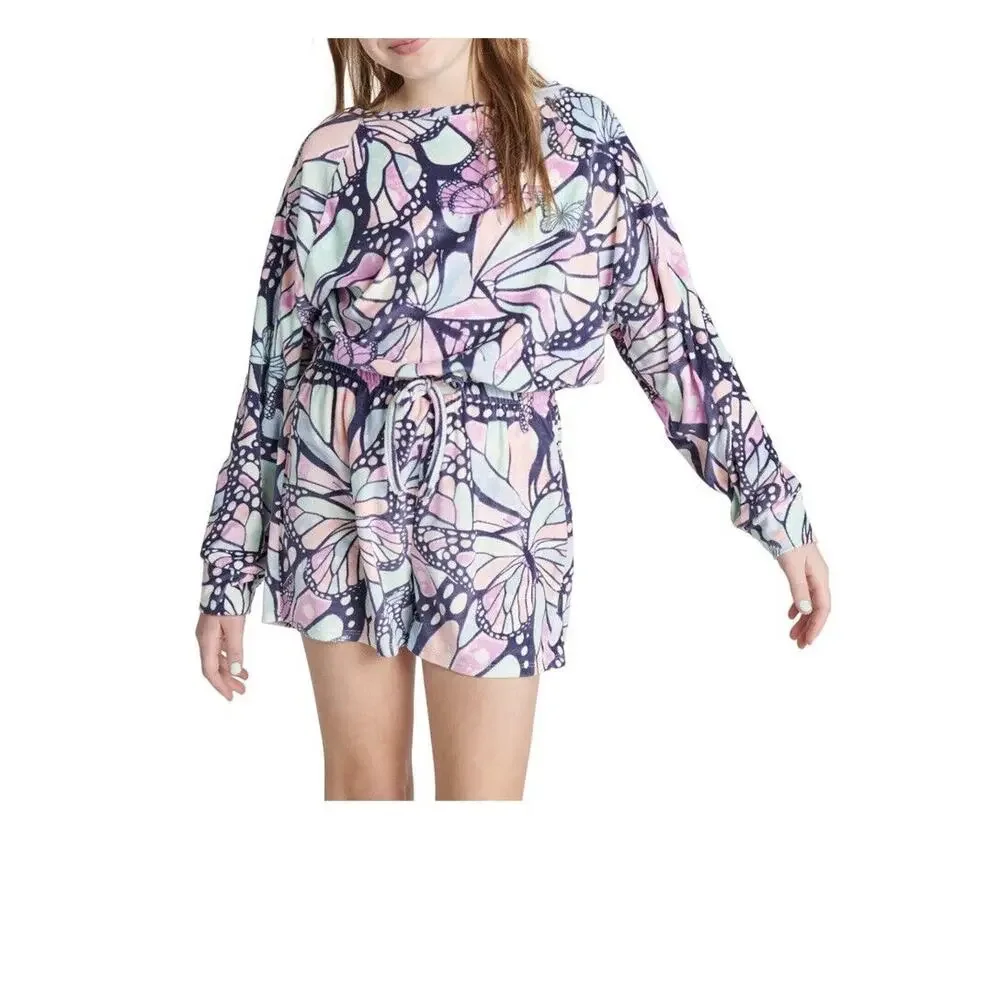 Justice Butterfly Elastic Waist Long Sleeve Girls’ Romper Pajama Size S 7/8
